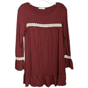 New Women's Burgundy Ruffle and Lace Long Sleeve Blouse Top Small